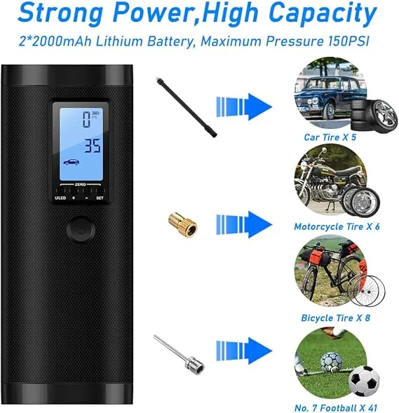 Travel portable air compressor inflating tires with flashlight and phone charging capability for on-the-road emergencies