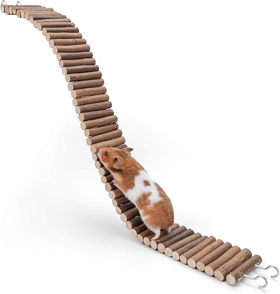 Niteangel hamster suspension bridge toy, a long climbing wooden ladder made from hardwood sticks and flexible metal wires. Measuring 28.5 inches long by 2.8 inches wide, it is bendable for use as a climbing ladder, divider, or suspension bridge. This chewable toy promotes exercise, coordination, and balance for hamsters, gerbil, mice, rats, sugar gliders, and other small animals. Easy to attach and adjust for different cage setups
brainy buyz   brainybuyz.com