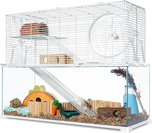 Three-tier large glass hamster cage with an openable wire topper, measuring 30 inches long, 12 inches wide, and 24 inches high. Features a deep glass base for digging, two platforms, two ramps, and a removable waterproof PVC tray for easy cleaning. The transparent design allows a 360-degree view of the pet, with tight 0.4-inch wire spacing for safety. Chew-proof and waterproof, making it an ideal habitat for gerbil and hamsters. Easy to assemble and disassemble for convenient use
brainy buyz   brainybuyz.com