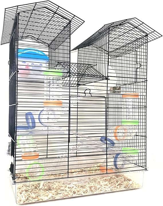 Large twin tower, 5-level habitat for small animals with paw-safe solid plastic flooring. Features a roomy design with a clear acrylic base, mixed color translucent tube tunnels, and includes accessories like shelves, ladders, a water bottle, food bowl, hide house, and a 5-inch running wheel. Designed with tight 3/8-inch bar spacing for safety, three access doors, and suitable for dwarf hamsters, gerbil, mice, and other small critters
brainy buyz   brainybuyz.com