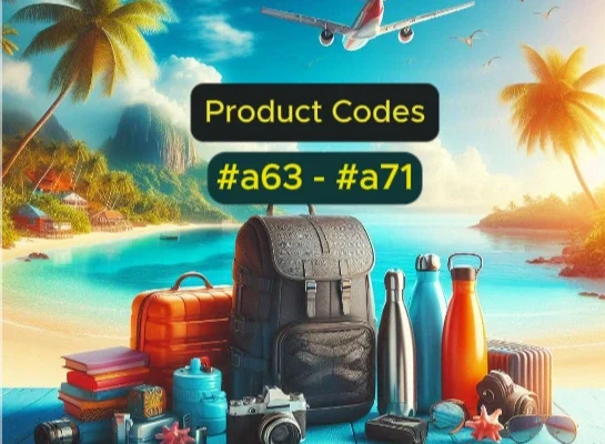 An assortment of travel products, including a stylish backpack, portable water bottle, compact camera, and travel organizer, arranged on a beautiful beach with the ocean and palm trees in the background, evoking a sense of adventure and exploration.