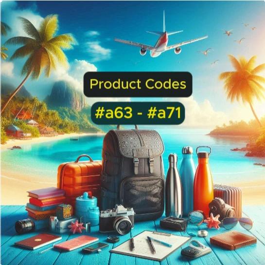 An assortment of travel products, including a stylish backpack, portable water bottle, compact camera, and travel organizer, arranged on a beautiful beach with the ocean and palm trees in the background, evoking a sense of adventure and exploration.