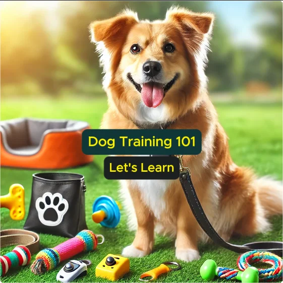 Happy dog sitting outdoors in a park surrounded by dog training tools, including a clicker, treat pouch, harness, and interactive puzzle toy, symbolizing a positive and effective dog training session brainy buyz brainybuyz.com pet dog