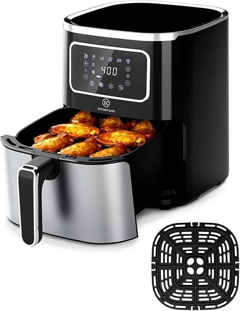 **Air Fryer Display**: A sleek and compact air fryer showcased on a kitchen countertop, highlighting its modern design and features, making it a top contender among the best Amazon air fryers for healthier cooking options.