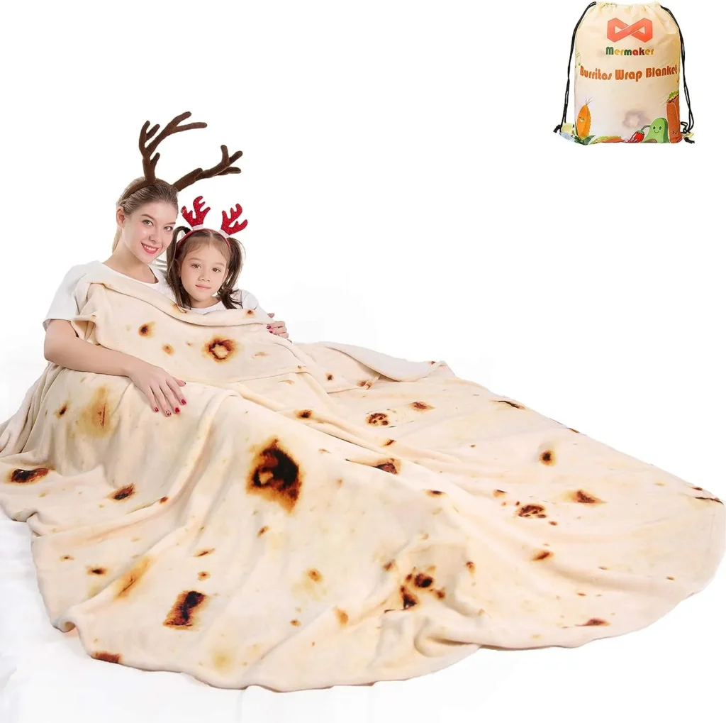 Funny and realistic mermaker burrito tortilla throw blanket with a 71-inch diameter, soft double-sided flannel fabric, perfect for wrapping up like a giant tortilla; ideal for gifts, parties, and cozy moments.