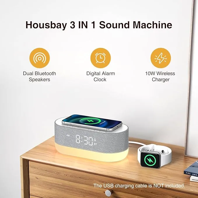 Satisfying bedroom gadget - HOUSBAY sound machine with alarm clock, dual speakers, 21 HiFi sounds, 10W wireless charger, Bluetooth, and soothing night light for a restful sleep experience