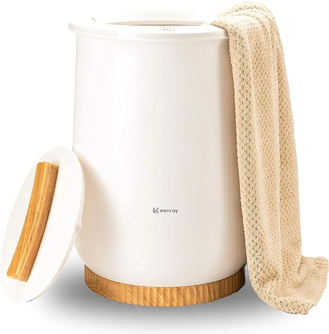 Keenray Towel Warmer, a luxury bucket design for the Western bathroom, featuring an extra-large capacity that fits up to two oversized towels. Heats quickly in 1 minute, with a high temperature reached in just 6 minutes. The towel warmer offers even heat distribution and operates quietly, making it perfect for creating a spa-like experience at home.