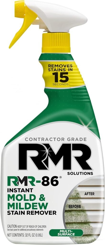 RMR-86 Instant Mold and Mildew Stain Remover Spray, 32 fl oz, featuring a fast-acting, scrub-free formula designed to eliminate stubborn mold and mildew stains. Safe for various surfaces including wood, drywall, and concrete floors, this powerful cleaner begins working instantly, making it ideal for maintaining a clean and healthy Western bathroom.