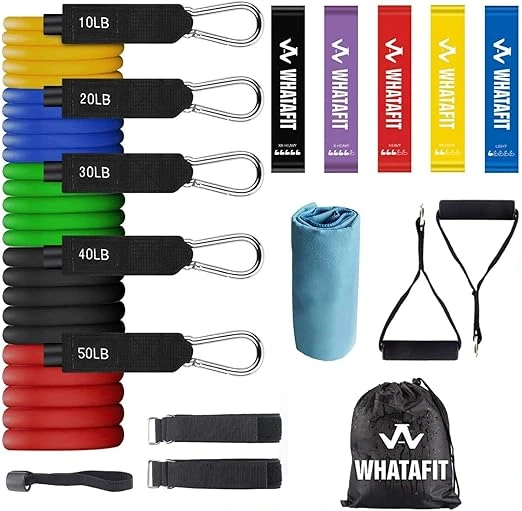 Whatafit Resistance Bands Set, versatile equipment for stretching and strength training, contributing to the overall benefits of gym workouts.