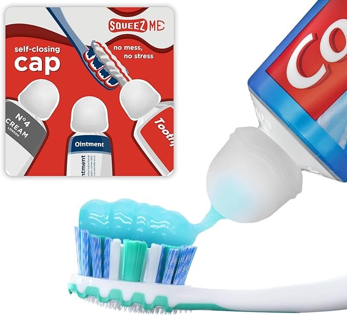 Chrome Cherry SqueezMe self-closing silicone caps, designed as a mess-free toothpaste dispenser in a clear 3-pack. These reusable caps fit over toothpaste tubes, preventing build-up and mess on bathroom counters. The self-sealing design ensures the right amount of toothpaste is dispensed each time, reducing waste. Ideal for promoting tooth and gum health for both kids and adults, these bathroom accessories are a practical addition to any Western bathroom.