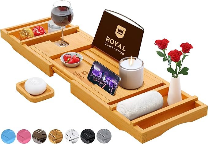 ROYAL CRAFT WOOD Luxury Bathtub Caddy Tray in natural bamboo color, designed for Western bathrooms. Expands from 29½ to 43 inches, features a wine glass slot, phone holder, and bonus soap dish for an elevated spa experience.