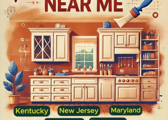 Beautifully painted kitchen cabinets with the text 'Cabinet Painters Near Me' and icons representing Kentucky, New Jersey, Maryland, Washington, and Tennessee, illustrating local cabinet painting services.