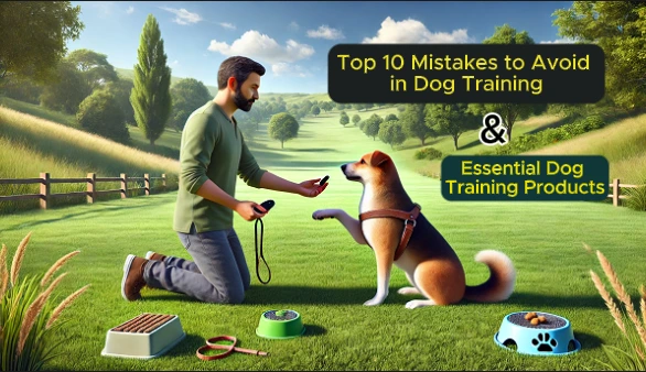 Dog training session in a park with a trainer offering a treat to a well-behaved dog wearing a harness, featuring training tools like a leash and clicker in a peaceful outdoor setting.