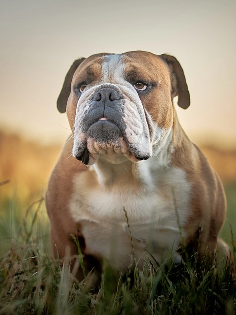 A determined Bulldog participating in obedience dog training on a leash.