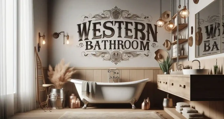 Stylish and modern Western bathroom scene featuring elegant fixtures and accessories, including rustic wooden accents and a clawfoot bathtub. The background showcases soft, neutral colors, creating a calming atmosphere. The words 'Western Bathroom' are prominently displayed in the center in a bold, artistic font.