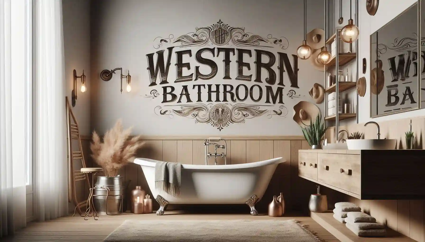 Stylish and modern Western bathroom scene featuring elegant fixtures and accessories, including rustic wooden accents and a clawfoot bathtub. The background showcases soft, neutral colors, creating a calming atmosphere. The words 'Western Bathroom' are prominently displayed in the center in a bold, artistic font.