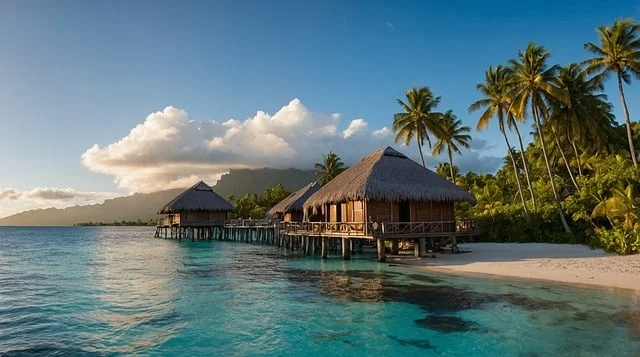 Lush mountains and cascading waterfalls in Tahiti, one of the most beautiful islands, with a black sand beach in the foreground.