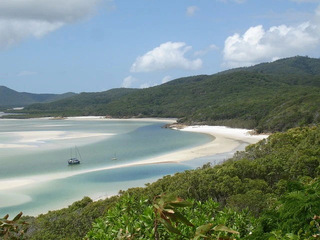 Breathtaking view of Whitehaven Beach on the Whitsunday Islands, recognized as one of the most beautiful islands, with pristine white silica sand