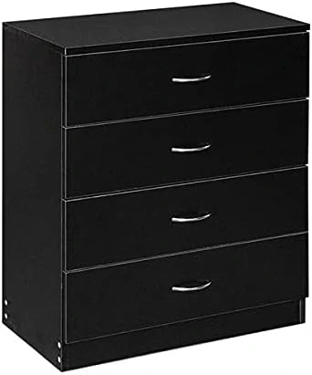 Black 4-drawer chest dresser with cut-out handles, compact wood storage cabinet for bedroom, living room, and hallway organization"