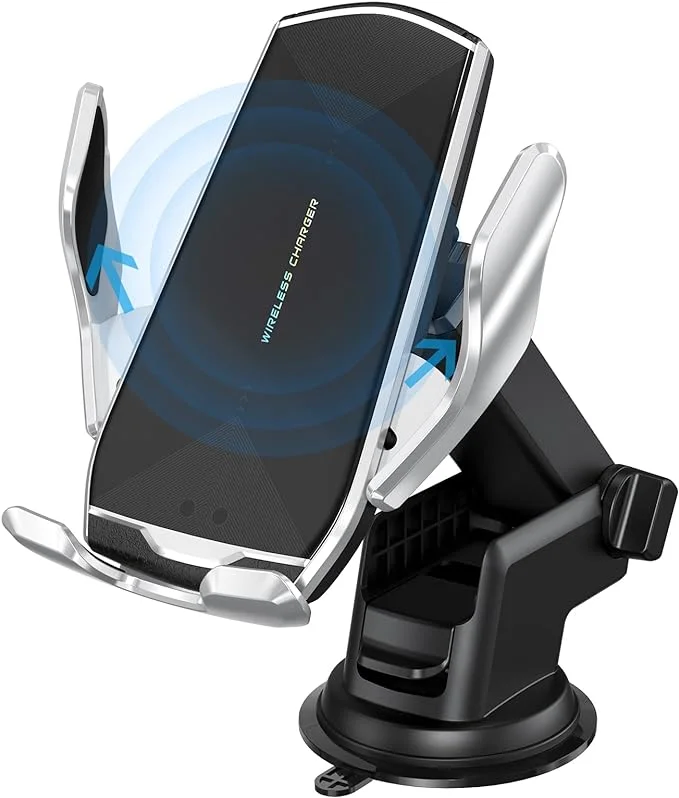 Image of a car phone mount: "Automatic car phone mount, an innovative car find that opens when detecting a phone and offers wireless charging capabilities