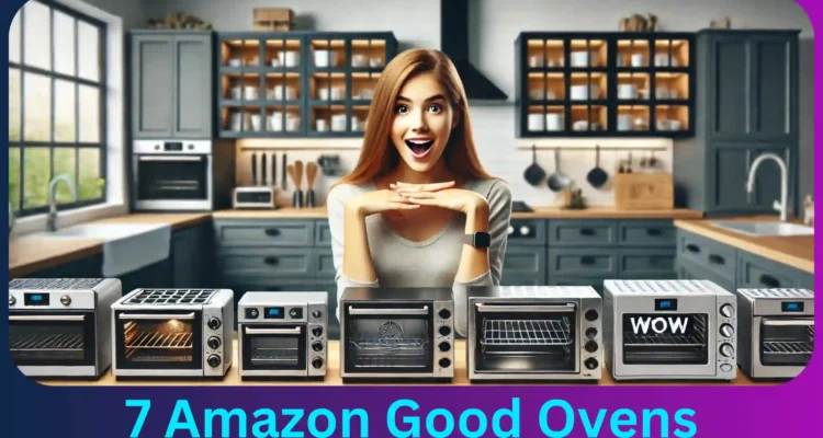 "Modern kitchen with a sleek desk showcasing various good ovens, including toaster ovens and countertop ovens, while a woman with a delighted 'wow' expression highlights the excitement for must-have good ovens. Perfect for '7 Must-Have Good Oven for Every Modern Kitchen' blog post."