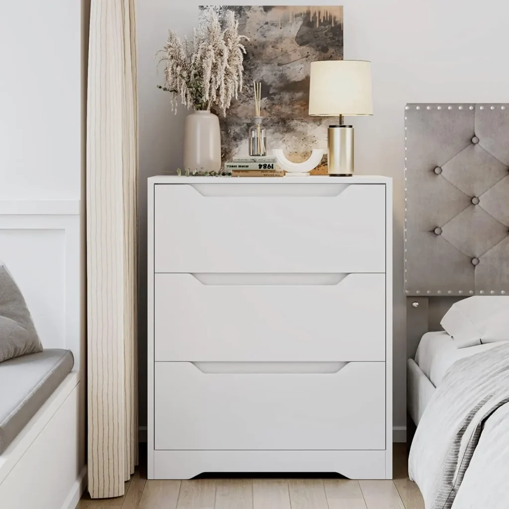 White HOSTACK Modern 3 chest with spacious storage and sleek design, perfect for a bedside nightstand, living room accent table, or entryway cabinet.