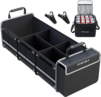 Expandable trunk organizer, a practical car find for neatly storing groceries and snacks during road trips."