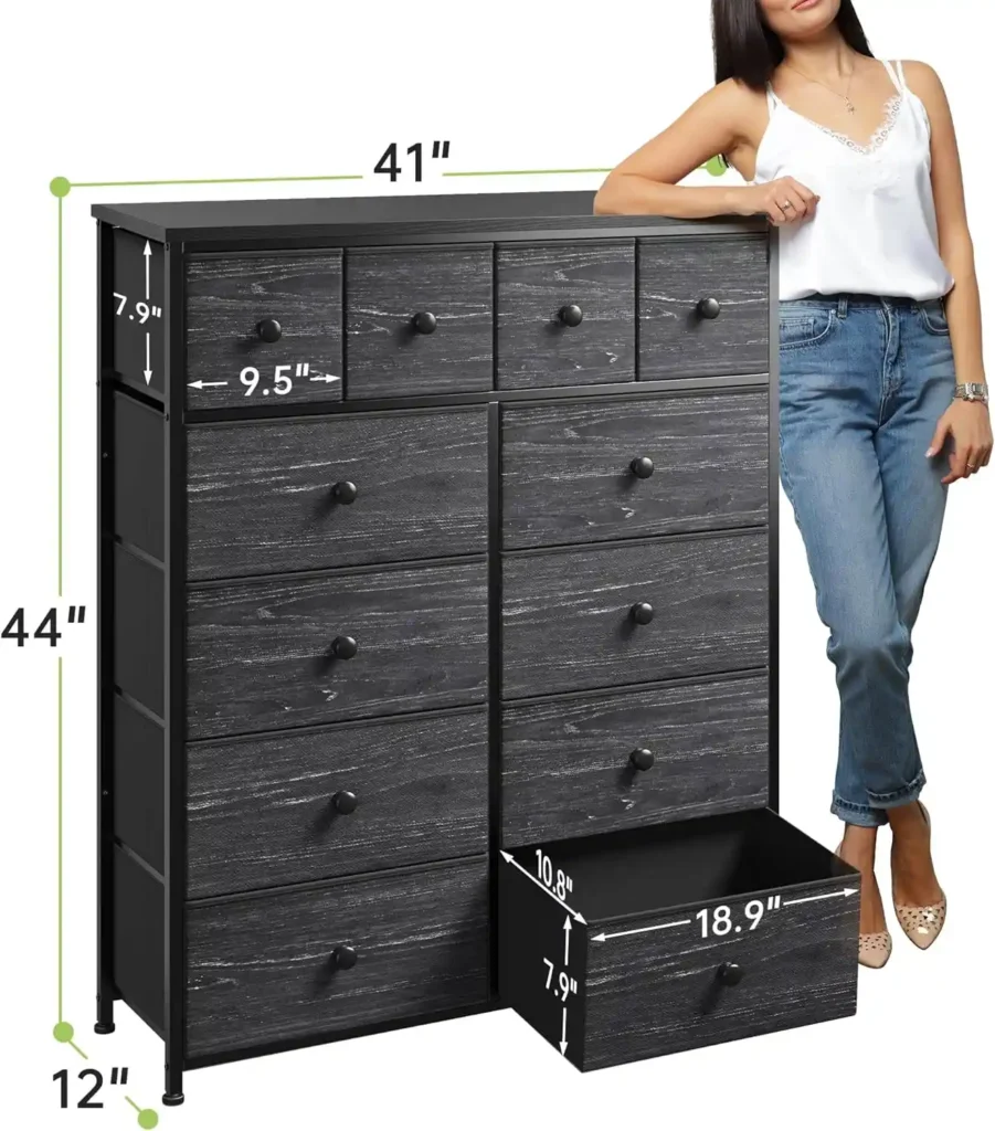 EnHomee 12-Drawer Black Chest for Bedroom, spacious fabric storage dresser with sturdy frame, perfect for organizing clothes in bedrooms, living rooms, or closets, 12 inches deep and 41 inches wide.