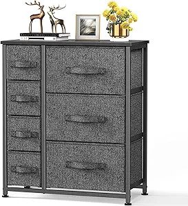 Pipishell Fabric Dresser with 7 Drawers, versatile storage tower dresser for bedroom, closets, nursery, hallway, or entryway. Features a wood top, easy pull handle, and dark grey/black fabric drawers for efficient organization and stylish storage.